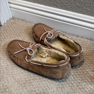 UGG Tan Suede Moccasin Slippers with pink bows